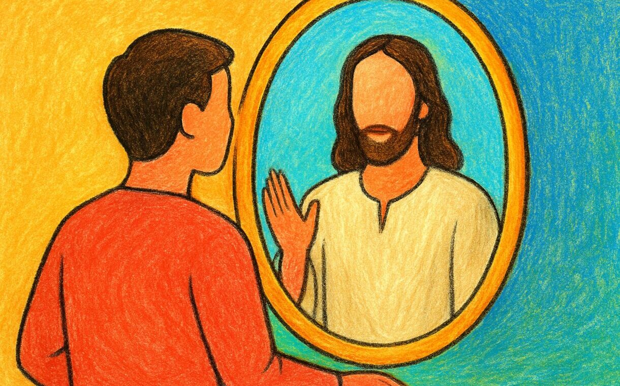 Illustration of a person seeing Jesus in the mirror, symbolizing Christian reflection and discipleship. We should strive to be reflecting Christ through example.