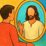 Illustration of a person seeing Jesus in the mirror, symbolizing Christian reflection and discipleship. We should strive to be reflecting Christ through example.