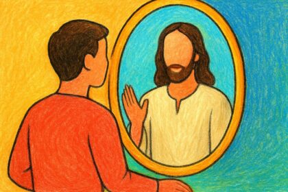 Illustration of a person seeing Jesus in the mirror, symbolizing Christian reflection and discipleship. We should strive to be reflecting Christ through example.