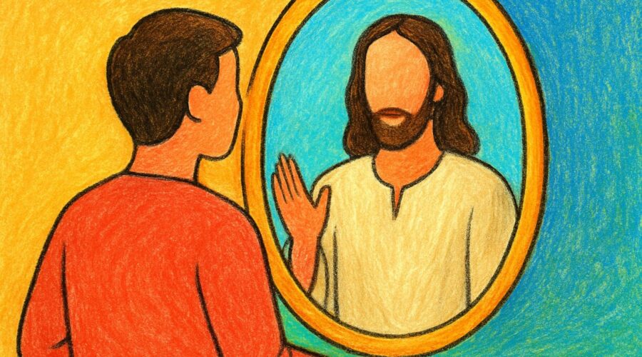 Illustration of a person seeing Jesus in the mirror, symbolizing Christian reflection and discipleship. We should strive to be reflecting Christ through example.
